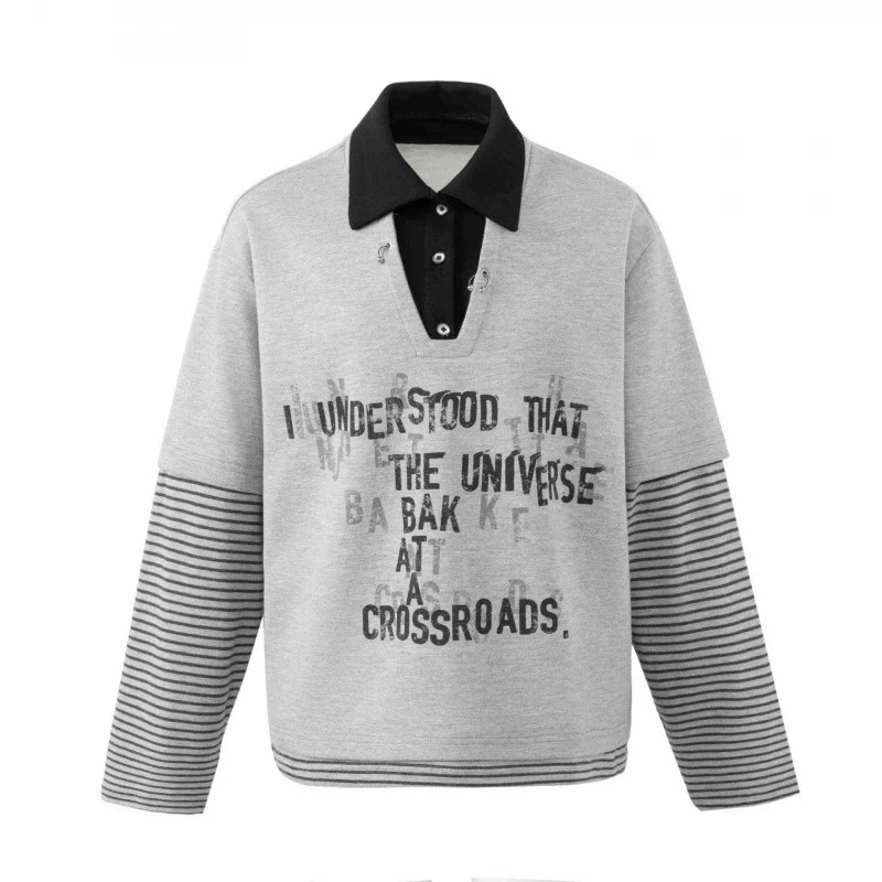 Unisex Oversize-Sweatshirt mit Layering-Polokragen, gestreiften Ärmeln und Statement-Print Drune