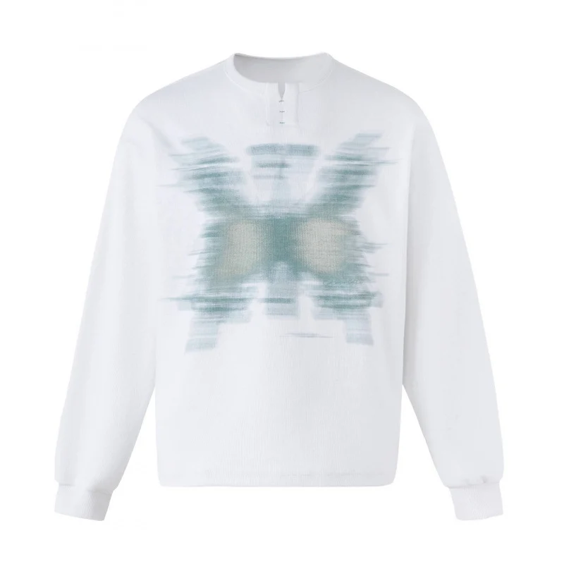 Unisex Oversize-Sweatshirt mit Henley-Ausschnitt und verschwommenem Schmetterlings-Print Drune